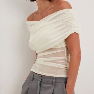 NA-KD White Bridal Mesh Draped Off Shoulder Top